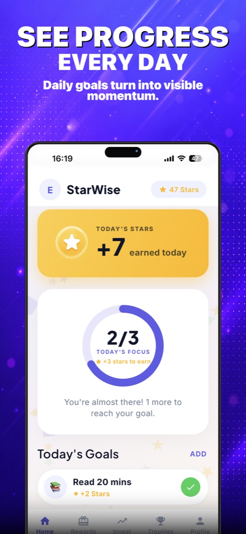 StarWise Kids dashboard showing goals, progress, and stars
