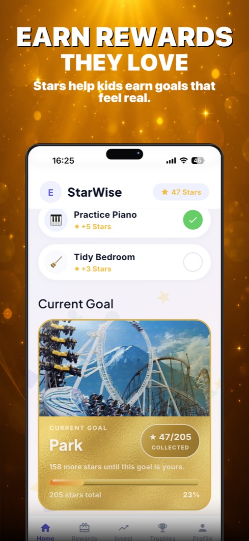 Task completion and star earning screen